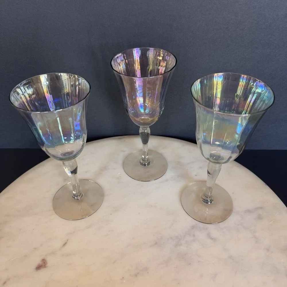 3 Vintage Iridescent Wine Glasses 7.25